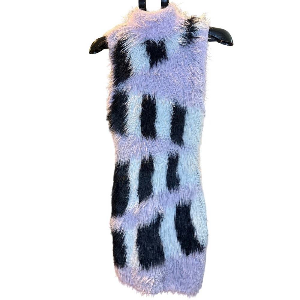 Akira Women Lavender Blue Black Faux Fur Print Mock Neck Mini Dress Medium